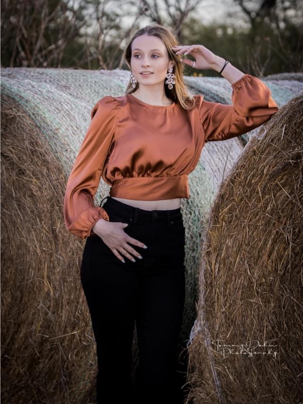 Satin Tie-Back Long Sleeve Top - Rust